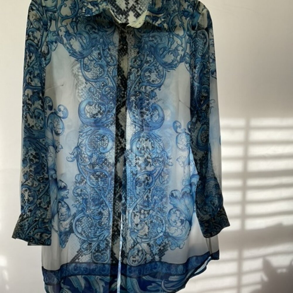 Alberto Makali Long Sleeves Button Down Women's Blue, White, & Black Blouse, L